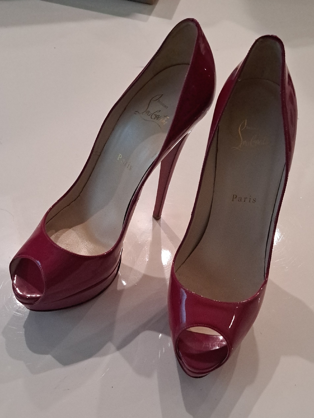 Christian Louboutin Pink Rasberey Patent Peep-Toe Stiletto Pumps